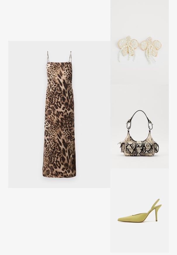 Leopardų raštas, be rankovių ilga suknelė su plonomis petnešomis, lygus paviršius ir plazdanti siluetas rudos ir kreminės spalvų tonais.; GIABORGHINI OCTAVIE - Aukštakulniai - green; Python-print rankinė smėlio ir juodos spalvos, su struktūrizuota forma, sagties detale ir dviem petnešomis. Textūruotas paviršius.; Perlo gėlių auskarai su auksiniais akcentais. Kiekviena žiedlapio dalis puošia mažos, apvalios perlo formos, išdėstytos gėlių raštu, su nukarusiais perlų akcentais.