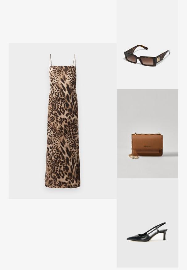 Robe maxi sans manches à imprimé léopard avec des fines bretelles, texture douce et silhouette fluide dans des tons marron et crème.; Escarpin slingback en vernis noir avec un bout pointu, présentant un imprimé serpent texturé, une sangle réglable et un petit talon bloc texturé.; Lunettes de soleil en écaille de tortue avec des montures rectangulaires, des verres à dégradé marron et un accent doré sur la branche. Matériau plastique lisse.; Sac en cuir texturé marron en bandoulière avec une sangle en chaîne dorée et une fermeture à rabat. L'avant présente un détail de logo et une poche sous le rabat.