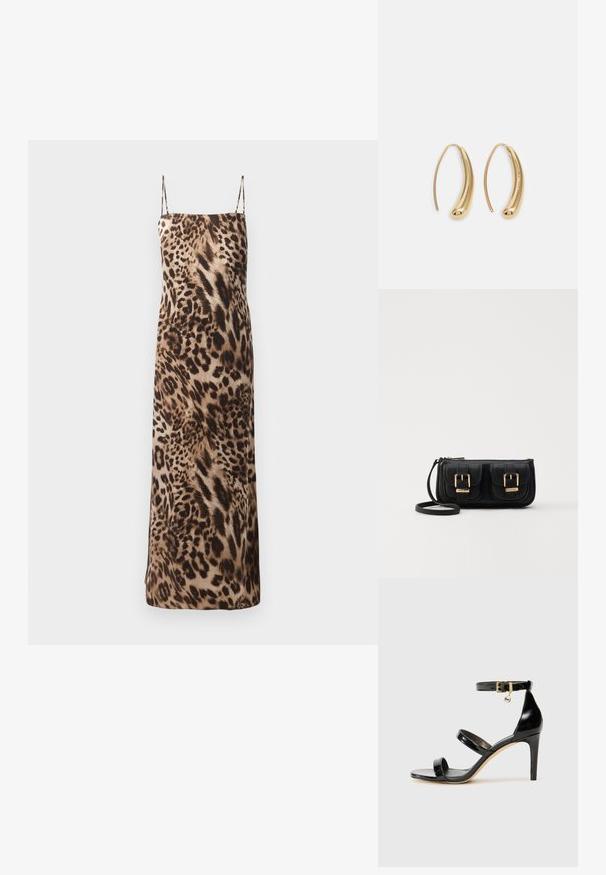Vzor leopardí kůže, maxi šaty bez rukávů s tenkými ramínky, hladká textura a splývavý střih v hnědých a krémových tónech.; Černé lakované kožené sandály se třemi pásky, sponou na kotníku a 10 cm jehlovým podpatkem. Obsahují zlaté kovové detaily a logo přívěsek.; Černá kožená crossbody taška se dvěma předními kapsami, zlatými přezkami, zipovým uzávěrem a štíhlým popruhem. Texturovaný povrch a kompaktní obdélníkový tvar.; Náušnice ve tvaru kruhu z pozlaceného kovu s vroubkovaným, prodlouženým tvarem. Mají hladký, lesklý povrch a zaoblený konec pro zvýraznění detailu.