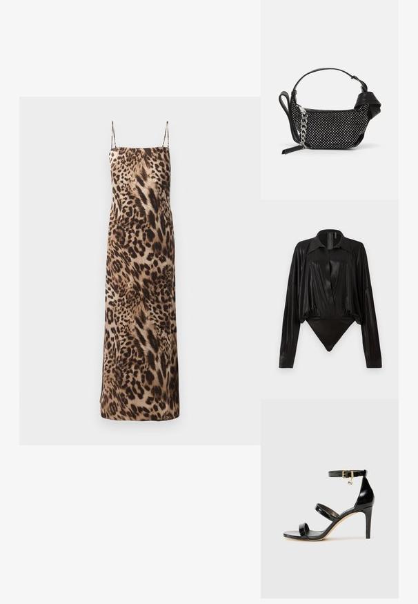 Sukienka maxi w panterkę, bez rękawów, z cienkimi ramiączkami, o gładkiej teksturze i płynnej sylwetce w odcieniach brązu i kremu.; Czarny bodysuit z długimi rękawami, dekoltem w serek i dopasowanym fasonem. Wykonany z błyszczącego, gładkiego materiału z usztywnionym kołnierzykiem i mankietami.; Czarne lakierowane sandały na paski z trzema paskami, zapięciem na kostce i 10-centymetrowym obcasem w szpilce. Zawierają złote detale oraz zawieszkę z logo.; Czarna torebka z ćwiekowanymi zdobieniami, łańcuszkowym paskiem i gładkim skórzanym uchwytem, o zaokrąglonym kształcie i zamykanej kieszeni.