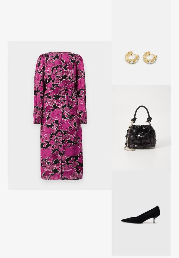 Vestuário midi floral com mangas longas, em rosa e preto, apresentando uma cintura com laço e fecho de botão nas costas. Tecido texturizado.; Sapato de salto alto em camurça preta com bico afunilado e salto baixo e fino. Textura suave com um design elegante, apresentando nenhum hardware visível.; Mala mini preta de lantejoulas com uma alça texturizada em nó e corrente prateada. Forma arredondada com parte superior pregueada e detalhes reflexivos.; Brincos de argola dourados com um design texturizado e três cristais transparentes em um lado, oferecendo uma estética geométrica moderna.