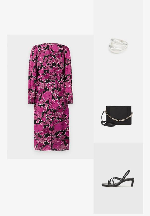 Cvjetna midi haljina s dugim rukavima, u ružičastoj i crnoj shemi boja, s vezanjem u struku i kopčanjem na leđima. Teksturirani materijal.; Crne sandale s trakama, kvadratnim prstom i niskom blok petom. Ima više tankih trakica i podesivu trakicu oko gležnja. Izrađene su od glatke kože.; Crna kožna torba preko tijela s glatkom teksturom, pravokutnim oblikom i metalnim lancem na prednjoj strani. Uključena je podesiva naramenica.; Srebrna dvostruka prsten s glatkom, poliranom površinom. Karakterizira ga fluidan, zakrivljen dizajn s preklapajućim sekcijama za moderan izgled.