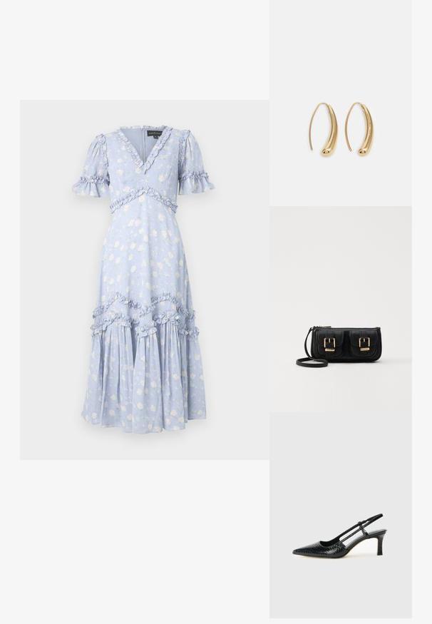 Šviesiai mėlyna gėlių suknelė su trumpomis platėjančiomis rankovėmis, V formos iškirpte ir plunksnomis išsiuvinėtomis siūlėmis bei apvadu. Vidutinio ilgio, su plačią sijoną.; Juodai lakuoti slingback aukštakulniai su smailiu nosiu, su tekstūruotu gyvatės raštu, reguliuojama juosta ir trumpu, tekstūruotu blokiniu kulnu.; Juodas odinis per petį nešiojamas krepšys su dviem priekiniais kišenėmis, auksiniais sagtimis, užtrauktuko uždarymu ir siauromis petnešomis. Textūruota paviršius ir kompaktiškas stačiakampis formatas.; Auksinės metalinės auskarų kabės su lenktą, pailgą forma. Turi lygų, blizgantį paviršių ir užapvalintą galiuką papildomam akcentui.