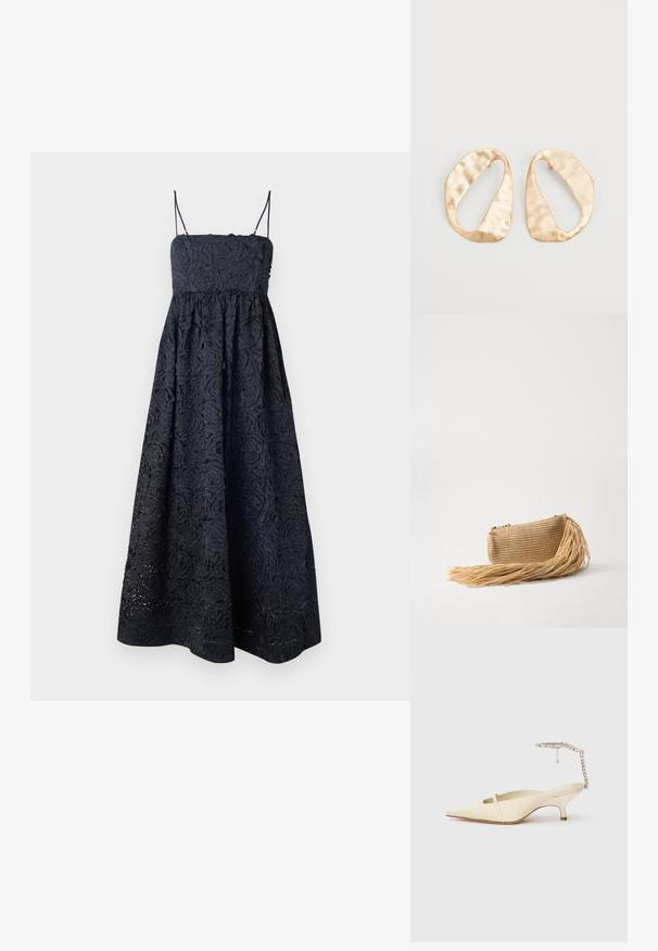 Stine Goya VOLOMINOUS MIDI DRESS - Cocktail dress / Party dress - black; Cream pointed-toe slingback heel with thin front strap and jeweled ankle strap on white background.; Cult Gaia VIERA - Clutch - natural; Pair of irregular oval-shaped gold-toned metal earrings with a textured, slightly hammered surface on a white background.