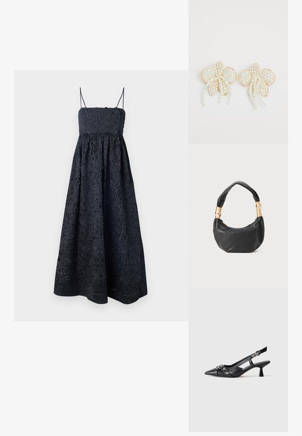 Stine Goya VOLOMINOUS MIDI DRESS - Koktailové šaty/večierkové šaty - black; Čierne kožené slingback topánky s špicatou špičkou, ozdobnými popruhmi s kovovými očkami a nízkym blokovým podpätkom. Textúrovaný povrch.; Čierna kožená kabelka s guľatým tvarom, príjemnou textúrou a uzlíkovou rukoväťou s akcentmi zlatého tónu. Zipsové uzatvorenie.; Perlové náušnice v tvare kvetu so zlatými akcentmi. Každý lupienok zdobia malé, okrúhle perly usporiadané do kvetinového dizajnu, s vlečením perlových detailov.