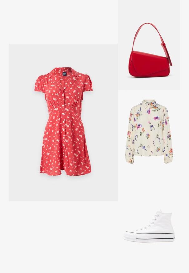 Rochie roșie cu flori, cu mâneci scurte, deschidere cu nasturi în față și talie ajustată care se lărgește la tiv. Material ușor, cu o textură moale.; Bluză florală cu mâneci lungi și puff, bază de crem deschis, cu modele florale în nuanțe de violet, portocaliu și verde, și design cu guler clasic.; Adidași albi tip pantofi sport cu glezna din pânză, cu talpă din cauciuc negru, capac de vârf din cauciuc frontal și șase ochiuri pentru șireturi, având un design curat și minimalist.; Geantă de mână din piele roșie, cu un design unghiular și geometric. Dispune de o singură curea ajustabilă și un sistem de închidere cu clapetă, cu detalii cusute.