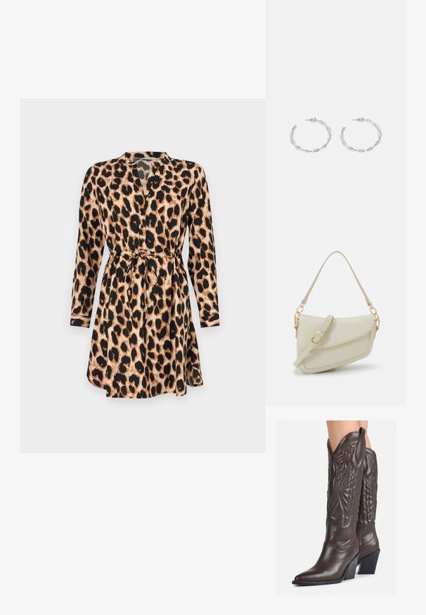 Luipaardprint jurk met lange mouwen, strakke taille met een ceintuur en een V-hals. Beschikt over een beige en zwarte kleurenschema en lichtgewicht stof.; Bruine leren cowboylaarzen met een spitse neus en blokhak, voorzien van gedetailleerde stiksels en verhoogde accenten op de schacht.; Kleine crèmekleurige handtas met een textuurafwerking, een lange verstelbare schouderband, een kettingaccent en een klepsluiting. Gouden hardware-details.; Zilveren creolen met een gedraaide ontwerp, voorzien van een gepolijste afwerking en een post-back sluiting. Meet ongeveer 3 cm in diameter.