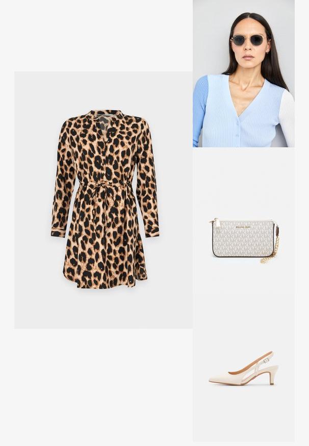 Rochie cu imprimeu leopard, cu mâneci lungi, curea strânsă în talie și guler în formă de V. Prezintă o paletă de culori bej și negru și un material ușor.; Sandaie cu toc alb, cu vârful ascuțit, material superior neted, toc mic tip bloc și design cu decupaj lateral, cu curea ajustabilă.; Ochelari de soare rotunzi cu lentile întunecate și rame aurii. Modelul poartă un cardigan ribbed de culoare albastru deschis cu nasturi și mâneci albe în contrast.; Clutch Michael Kors din canva acoperit bej, cu un model repetitiv al logo-ului MK, accesorii din aur și o curea cu lanț detașabil.