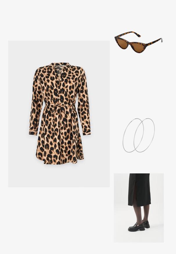 Robe imprimée léopard avec manches longues, taille cintrée avec lien, et col en V. Présente un schéma de couleurs beige et noir, et est fabriquée en tissu léger.; Chaussures noires en cuir avec un bout arrondi, un épais talon bloc et des accents latéraux élastiques, associées à des bas foncés et une jupe noire avec une fente.; Lunettes de soleil style œil de chat avec une monture en écaille de tortue noire et orange, verres marron et pointes effilées et élégantes. Présente un logo minimaliste sur la branche.; Boucles d'oreilles en argent au design minimaliste. Forme circulaire, texture lisse et profil fin. Légères avec une finition polie.