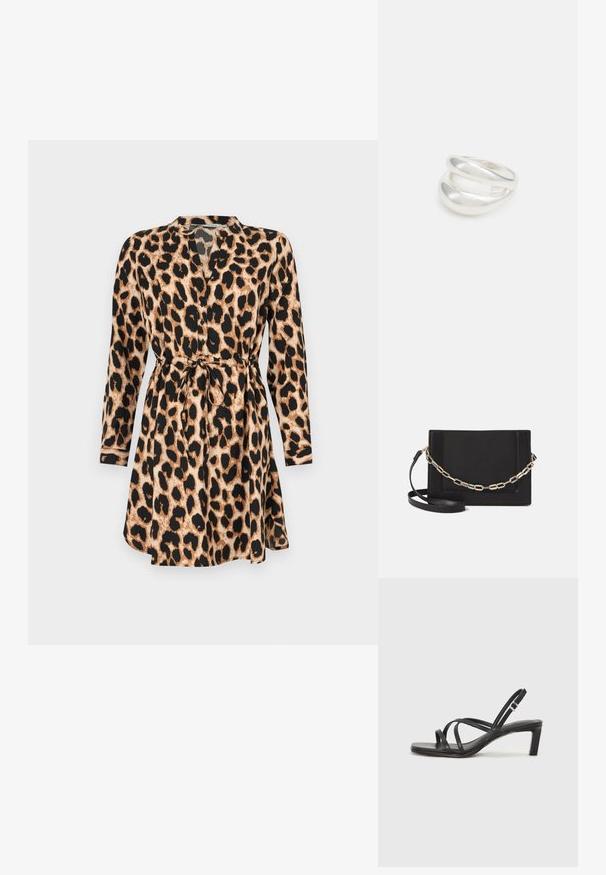 Obleka s leopardjim vzorcem, dolgimi rokavi, zategnjenim pasom in V-izrezom. Ima svetlo rjave in črne barve ter lahkotno tkanino.; Črne natikače s trakovi in kvadratnim prstom ter nizkim blokastim peto. Imajo več tankih trakov in nastavljiv trak okoli gležnja. Narejene so iz gladkega usnja.; Črna usnjena torba čez ramo z gladko teksturo, pravokotno obliko in kovinskim verižnim detajlom spredaj. Vključena je nastavljiva naramnica.; Srebrn dvojni prstan z gladko, polirano površino. Ima tekoč, ukrivljen dizajn z prekrivajočimi se sekcijami za sodoben videz.