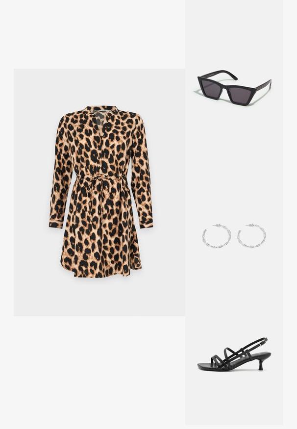 Leopardenmusterkleid mit langen Ärmeln, tailliertem Bindegürtel und V-Ausschnitt. Verfügt über ein tanfarbenes und schwarzes Farbschema sowie einen leichten Stoff.; Schwarze High Heels Sandalen mit mehreren überkreuzten Riemen. Glattes Material, spitze Zehenpartie und schmaler Absatz. Verstellbarer Knöchelriemen mit Schnalle.; Schwarze, eckige Sonnenbrille mit grauen Gläsern; aus Kunststoff gefertigt, mit dicken Bügeln, die eine glatte Oberfläche und keine sichtbaren Beschläge haben.; Silberne Creolen mit gedrehter Gestaltung, ausgestattet mit einer polierten Oberfläche und einer Steckverschluss. Sie haben einen Durchmesser von ca. 3 cm.