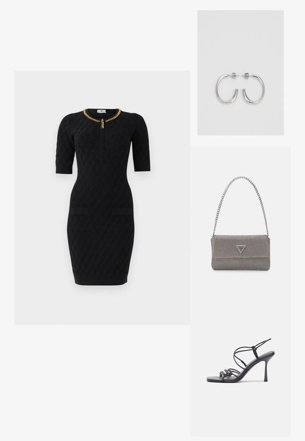 Melnas tekstūras adītas kleitas ar īsām piedurknēm, zelta ķēdes detaļa ap apaļo kakla izgriezumu, priekšējais rāvējslēdzis un divi priekšējie kabatu vāki.; Melnas augstpapēžu sandales ar plāniem siksniņām un mezgla dizainu, gluda kvadrātveida purngalu un elegantu stiletto papēdi.; Gaiši pelēka metāla rokassoma ar ķēdes siksnu, rotāta ar mazām apaļām metāla kniedēm un trīsstūra zīmola logo.; Sudraba stīpas auskari ar gludu, spīdīgu virsmu, izceļas ar izliektaveida formu un aizdari ar tapu. Minimālistisks dizains ar mūsdienīgu apdari.