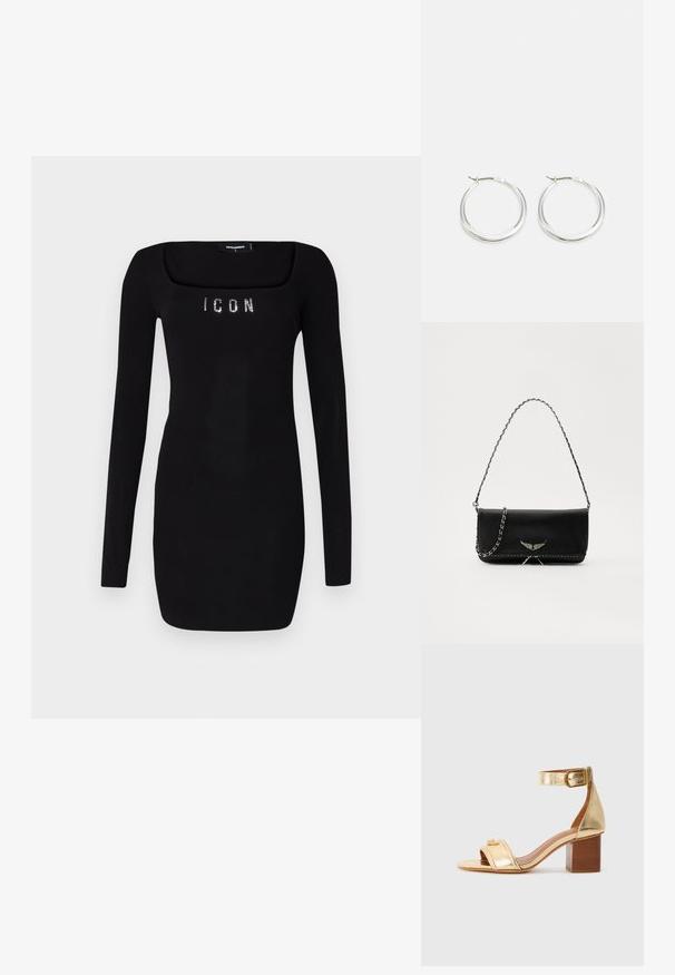 Juodas ilgos rankovės suknelė su kvadratiniu iškirpimu, puošta žėrinčiais deimantais 'ICON' krūtinės srityje, pagaminta iš lygios, elastingos medžiagos.; Auksinės metalinės kulniukų sandalai su plačia juostele per pirštus, su apyranke prie kulkšnies su sagtimi ir blokuotu kulnu. Lygus paviršius, minimalus detalizavimas.; Juodas odinis delninukas su sidabro spalvos grandinele, papuoštas dekoratyviniais sparnų akcentais ir balta siūle apačioje.; Sidabriniai žiedo auskarai turi lygią, suapvalintą formą, ploną profilį ir saugų užsegimą. Minimalistinis stilius su blizgiu apdaila.