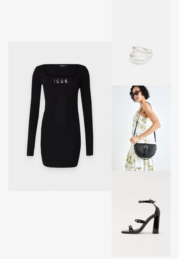Črna obleka z dolgimi rokavi in kvadratnim izrezom, ki na prsih nosi napis 'IKONA' iz kristalov, izdelana iz gladkega, raztegljivega materiala.; Črne lakirane sandale s peto, kvadratnim prstom, trakovi okrog gležnja in srebrnimi zaponkami. Opremljene so s stabilno Debelo peto.; Črna usnjena torbica s ukrivljeno obliko, z odstranljivo naramnico in zlatimi dodatki. Torbica ima pokrov s podrobnostmi v obliki zaponke.; Srebrn dvojni prstan z gladko, polirano površino. Ima tekoč, ukrivljen dizajn z prekrivajočimi se sekcijami za sodoben videz.