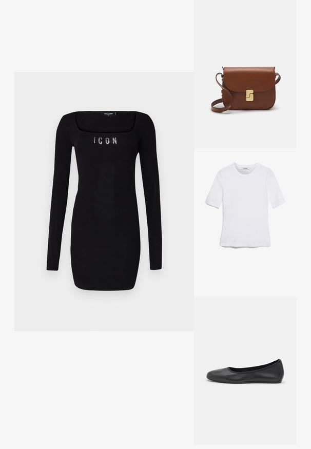 Vestido preto de manga longa com decote quadrado, com a palavra 'ICON' em strass na parte do peito, feito de um tecido liso e elástico.; T-shirt de manga curta branca feita de tecido canelado. Decote redondo, ajuste regular e detalhes de costura subtis. Sem padrões ou gráficos.; Bailarina preta em pele com bico arredondado, textura suave, detalhe de costura minimalista e design de sola flexível.; Bolsa de couro castanho com fecho de aba, decoração em tom dourado, alça de ombro e textura suave. Formato retangular compacto.