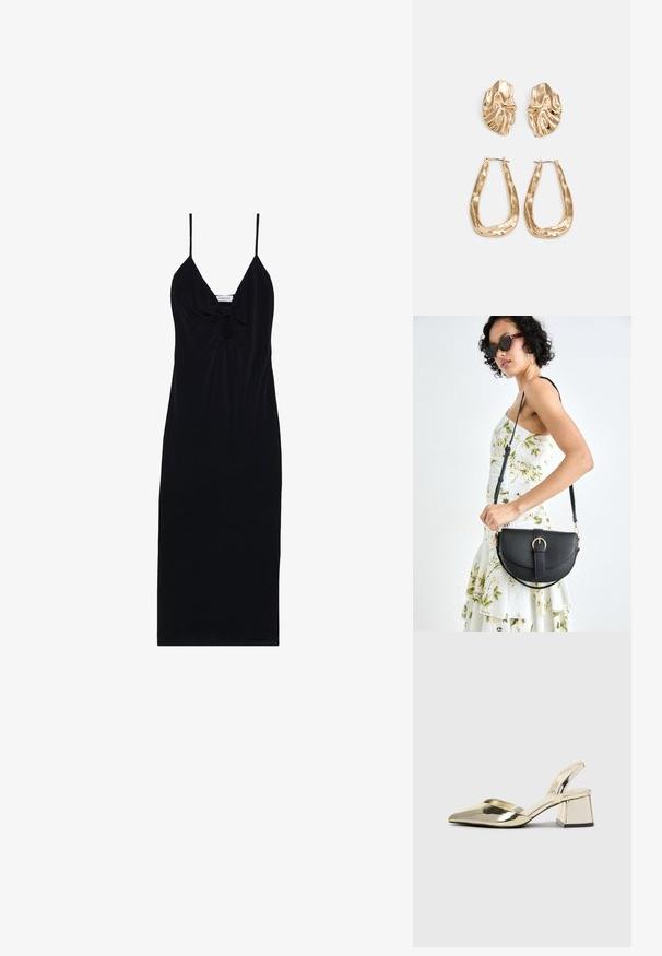 Vestido preto sem mangas com alças finas, apresentando um detalhe de nó na frente e uma textura suave, desenhado numa silhueta ajustada.; Sapatos de salto alto metálicos dourados, com biqueira em ponta e salto grosso. Textura suave, design minimalista e uma tira estreita.; Bolsa de couro preta com forma curva, alça destacável e detalhes em dourado. A bolsa possui uma aba com detalhe de fivela.; Brincos em tom de ouro com formas onduladas e texturizadas. Inclui studs escultóricos com presilha e um design de argola aberta com um acabamento martelado.