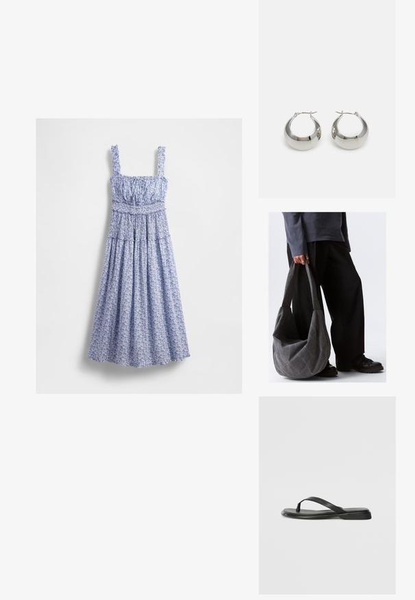 Sininen kukallinen maksimekko, jossa on smokkibodice, neliökaula-aukko ja röyhelöolkaimet. Kangas on hienovarainen kuvio ja virtaava hame.; Mustat varvastossut, joissa on sileä nahkapinta, ohut hihna ja litteä pohja, jossa on minimalistinen muotoilu. Ei huomattavia kuvioita tai koristeita.; Harmaa kangaskassi, jossa on rento muotoilu, sileä pinta ja leveät hihnat. Kassi pidetään henkilön kädessä, joka on pukeutunut tummiin housuihin.; Hopepronssi metalliset korvakorut, joissa on sileä, kiiltävä pinta ja rakenteellinen, pyöristetty muotoilu. Varustettu käänteellisellä lukolla turvallista käyttöä varten.