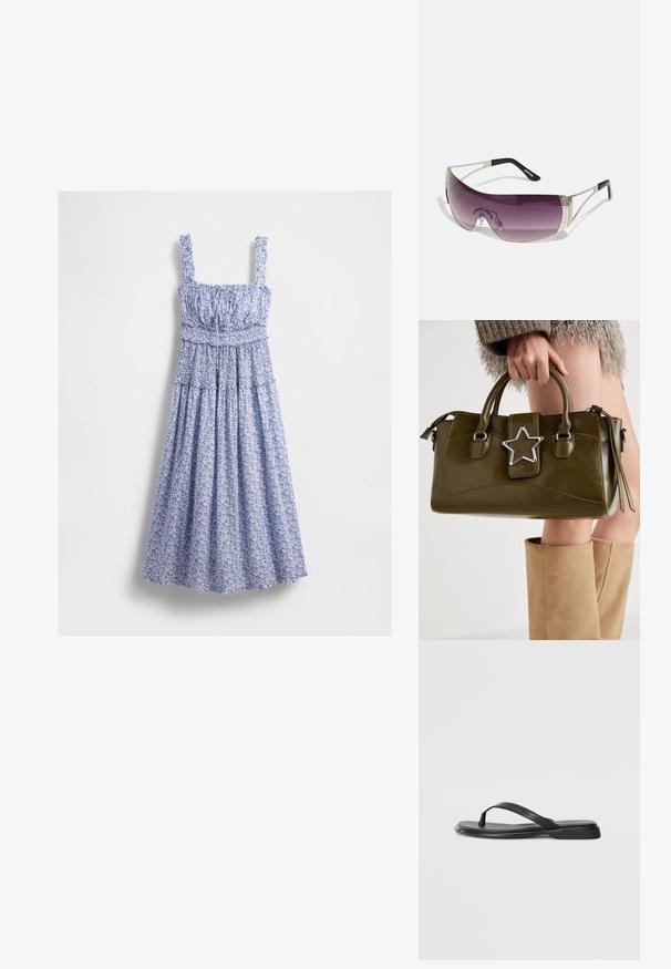 Modré maxi šaty s květinovým vzorem, s nařaseným živůtkem, čtvercovým výstřihem a volánovými ramínky. Materiál má jemný vzor a splývavou sukni.; Černé žabky vyrobené z hladké kůže, s tenkým designem popruhu a plochou podrážkou s minimálním profilem. Žádné výrazné vzory ani akcenty.; Sluneční brýle s velkým zakřiveným purpurovým sklem, stříbrnými kovovými akcenty a černými nohami s logem. Na obroučkách jsou viditelné texturované detaily.; Olivově zelená kabelka z imitace kůže se stříbrnou hvězdou, dvojitými rukojeťmi a zipovým uzávěrem. Texturovaný povrch a strukturovaný tvar.