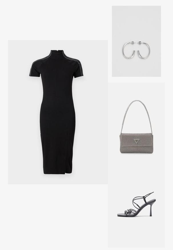 Vestido preto justo com colarinho alto, mangas curtas e uma fenda lateral. Tecido macio com costura contrastante nos ombros. Textura suave.; As sandálias de salto alto pretas apresentam tiras finas com um design em nó, uma biqueira quadrada lisa e um elegante salto agulha.; Bolsa metálica cinza claro com uma alça de corrente, adornada com pequenos rebites metálicos circulares e um logótipo triangular da marca.; Brincos de argola prateados com um acabamento suave e brilhante. Forma arredondada, design leve, com fecho de pino.