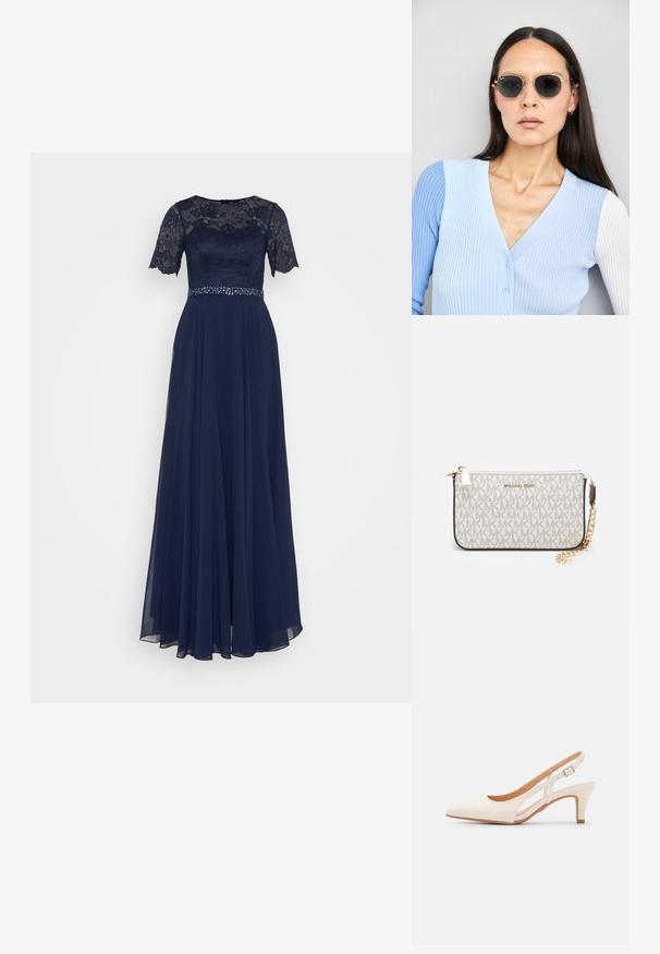 Tengerészkék estélyi ruha csipke felsőrésszel, rövid ujjakra, flitterekkel díszített derékkal és légies sifon szoknyával.; Fehér slingback sarok, hegyes orral, sima felső anyaggal, alacsony blokk sarkával és oldalsó kivágott dizájnnal, állítható csatpánttal.; Kerek napszemüveg sötét lencsékkel és arany kerettel. A modellen világoskék, bordázott kardigán van gombokkal és kontrasztos fehér ujjaival.; Michael Kors bézs bevonatos vászon karkötő, amely ismétlődő MK logó mintával, aranyszínű fémrészletekkel és levehető lánchordóval rendelkezik.