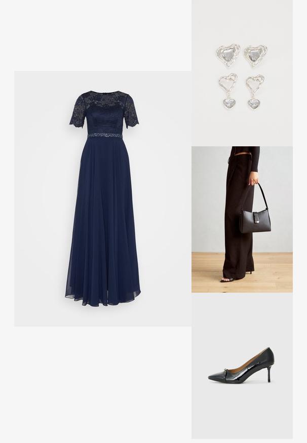 Morska večerna obleka z čipkastim korzetom, kratkimi rokavi, pasom okrašenim z bleščicami in tokasto šifonsko krilo.; Črne lakirane visoke pete z ostrim nosom, dekorativnim trakastim detajlom spredaj in tankim stiletto peto.; Črna torbica z strukturirano obliko, gladko teksturo in kovinskim zaponko. Ujemajo se z širokimi črnimi hlačami in odprtimi sandali na lesenem tleh.; Srebrni uhani v obliki srca vsebujejo fasetirane prosojne kamne ter teksturiran okvir. Komplet vključuje stenske in viseče sloge.