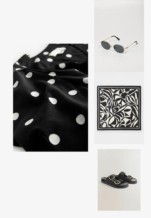 Next V-NECK PUFF SLEEVE MINI - Abito a camicia - black spot; Sandali neri in suede caratterizzati da due ampie cinghie con fibbie dorate, una suola piatta e un design open-toe. Texture liscia con accenti hardware a contrasto.; Occhiali da sole in metallo dorato con lenti ovali e scure. Terminali in acetato nero sulle stanghette. Nome del brand "QUAY" sul lato.; Sciarpa rettangolare nera e crema con un motivo astratto di foglie dalle linee bold, rifinita con un bordo a contrasto. Texture liscia.