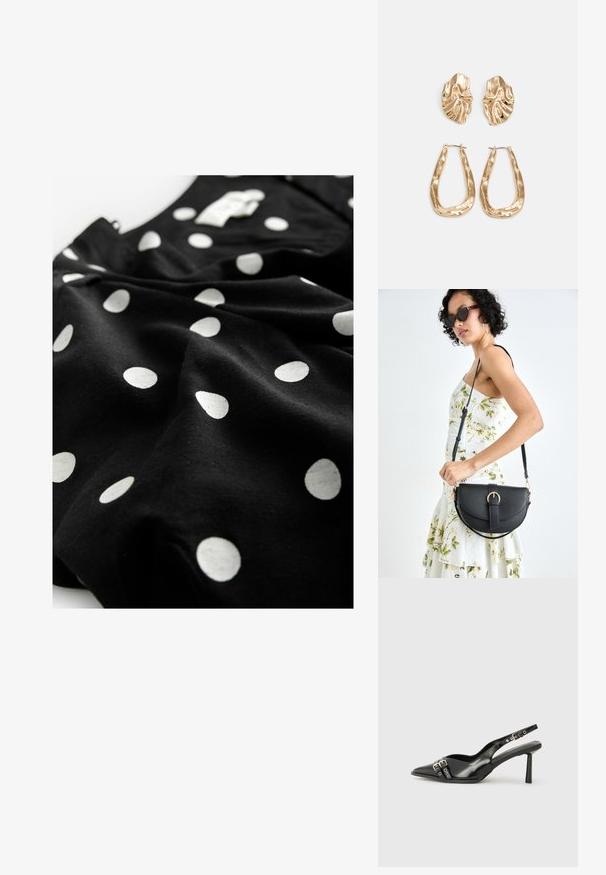 Next V-NECK PUFF SLEEVE MINI - Abito a camicia - black spot; Scarpa slingback in vernice nera con punta affusolata, cinturini alla caviglia con fibbie in argento e accessori, e tacco sottile.; Borsa a tracolla nera in pelle con una forma curva, manico rimovibile e accessori dorati. La borsa presenta una patta con un dettaglio a fibbia.; Orecchini in tono oro caratterizzati da forme ondulate eTexture. Comprendono chiusure clip-on scultoree e un design a cerchio aperto con finitura martellata.