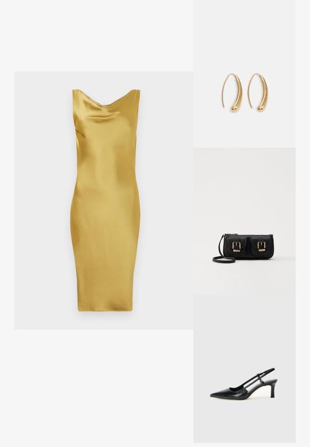 Kollane sateenkleit, millel on kootud kaelus, keha külge liibuv lõige, põlvekõrgune ääre ja sile tekstuur. Mingeid nähtavaid mustreid või aktsente ei ole.; Mustmust paelad, millel on terav varvas, tekstuuriga maduprindiga, reguleeritav rihm ja lühike tekstuuriga plokknina.; Must küllastamata nahast õlakott, millel on kaks esist nähtavat taskut, kuldsed pandlad, tõmblukuga sulgemine ja peen rihm. Tekstuuriga pind ja kompaktne ristkülikukujuline kuju.; Kuldtoonilised metallist rõngas kõrvarõngad, millel on kõver ja piklik kuju. Omavad siledat, läikivat pinda ja ümarat tipptugevdust, mis lisab detaili.