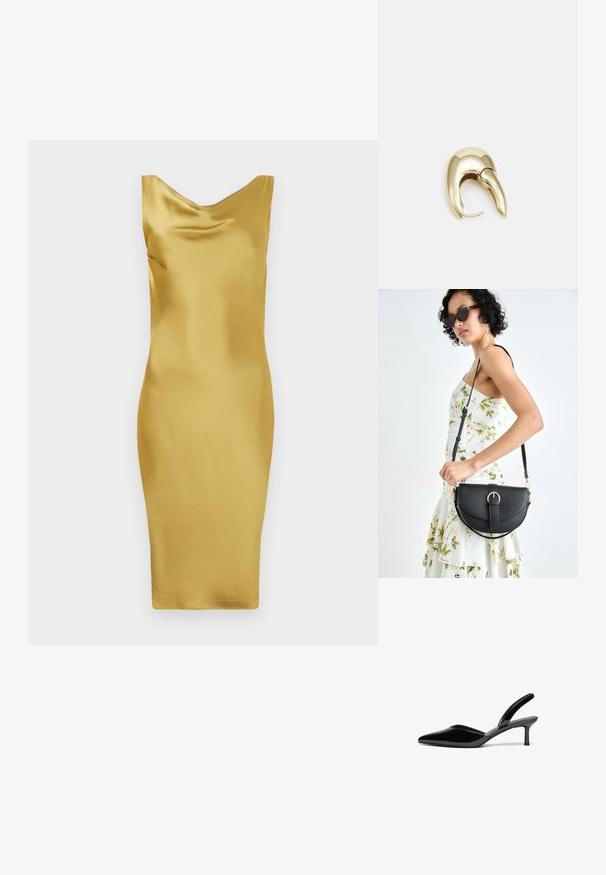 Žlté saténové šaty s výstrihom do cowl, priliehavým strihom, dĺžkou po kolená a hladkou textúrou. Žiadne viditeľné vzory ani akcenty.; Čierne lakované kožené lodičky na podpätku so špicatou špičkou, nízkym stiletto podpätkom a elegantným, jednoduchým dizajnom bez zdobení.; Čierna kožená kabelka s zaobleným tvarom, odnímateľným popruhom a zlatými doplnkami. Kabelka má klopu s detailom s prackou.; Náušnice z kovu v zlatej farbe s elegantným, zakriveným dizajnom. Majú charakteristický špicatý tvar, leštený povrch a uzáver na pánt.