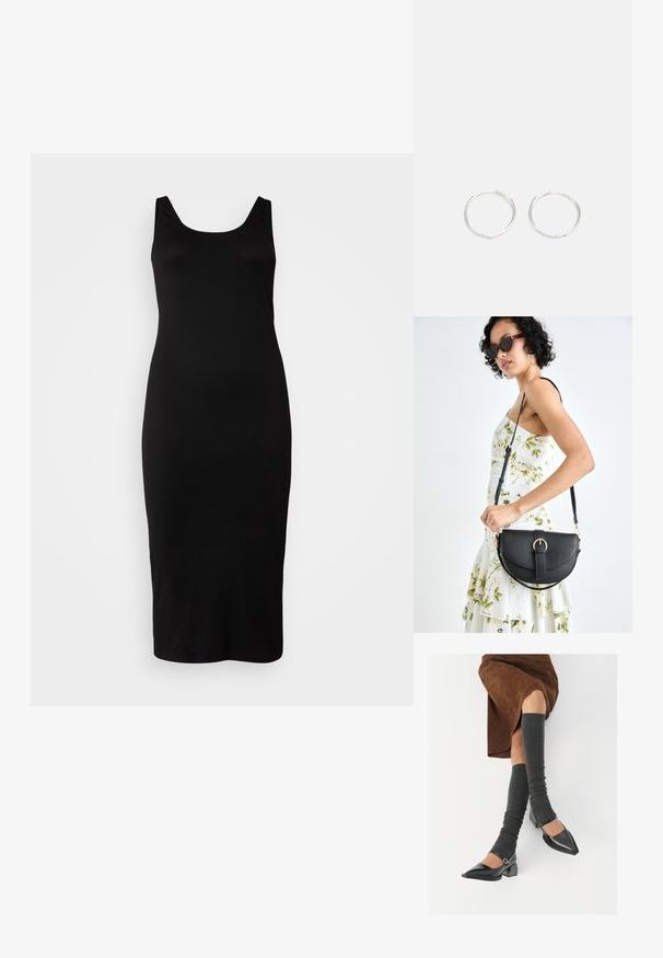 Sort ærmeløs kjole med rund halsudskæring, tætsiddende silhuet, knælang, fremstillet af glat stof, ingen synlige mønstre eller udsmykninger.; Sorte patenterede lædersko med spids tå, blokhæl og ankelrem, kombineret med grå ribbede benvarmere og en brun ruskinds nederdel.; Sort læderhåndtaske med en buet form, aftagelig rem og guldfinish. Tasken har en klap med en spænde detalje.; Sølv hoop øreringe med et slankt, rundt design, der har en glat overflade og ingen synlige udsmykninger. Diameter ikke specificeret.