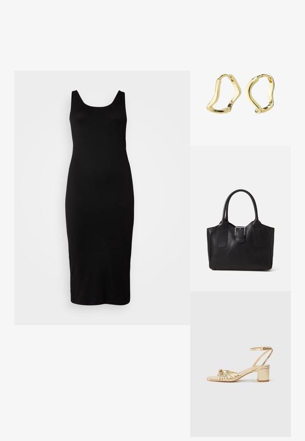 Sort ærmeløs kjole med rund halsudskæring, tætsiddende silhuet, knælang, fremstillet af glat stof, ingen synlige mønstre eller udsmykninger.; Guldhælede sandaler med en snoet stropdesign, åben tå og ankelsnor. Funktioner blokhæl og glat metallisk finish.; Sort læder tote taske med glat tekstur, struktureret form, to håndtag og en fremtrædende sølvspænde detalje på forsiden.; Guld hoops øreringe med et flydende, bølge-lignende design. Glat tekstur, åben form og ingen synlige lukninger. Minimalistisk og moderne udseende.