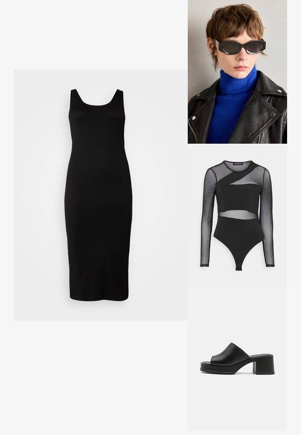 Črna brezrokavna obleka s krožnim izrezom, oprijetega kroja, do kolen, narejena iz gladkega materiala, brez vidnih vzorcev ali okrasnih elementov.; Črn bodi z dolgimi prosojnimi rokavi, prilegajočim krojem s plastičnimi mrežastimi detajli in tangami na dnu.; Črne usnjene platforme mule z zaobljenim odprtim prstom, nizkim blokastim petkom in gladko teksturo. Minimalističen dizajn s čistimi linijami.; Črne sončna očala z zaobljenimi robovi in tinted lečami. Imajo zlato okrasno opremo na templjih. Noseno z modrim rebrastim puloverjem in usnjeno jakno.