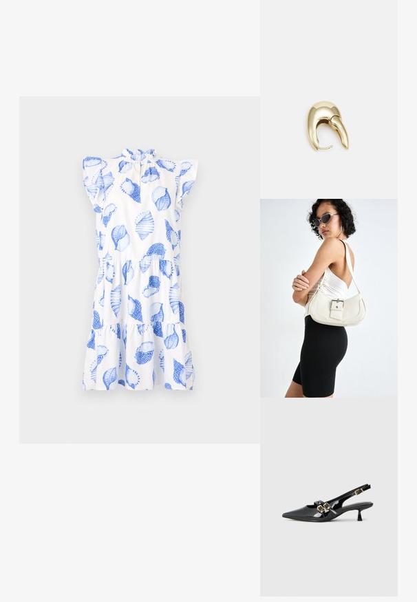 Fehér ruha kék levélmintával, fodros dekoltázzsal és rövid ujakkal. Többrétegű szoknyával és laza szabással rendelkezik.; Fekete lakk bőrből készült slingback sarkú cipők hegyes orral, dupla pánttal, arany csattal, és rövid kis sarkú. Simaság jellemzi.; Fehér bőr kézitáska ívelt formával, állítható pánttal és egy kis csattal. A modellen fitted fekete ruha van.; Aranyszínű fém fülbevaló, elegáns, ívelt formával. Különleges hegyes alak, fényes felszín és zsanéros záródás jellemzi.