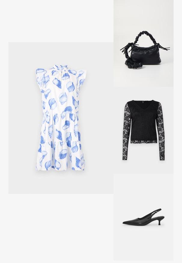 Valkoinen mekko sinisillä lehtikuvioilla, rypytetty pääntie ja lyhyet hihat. Sisältää kerroksittaisen helman ja rento istuvuus.; Mustassa pitkissä hihoissa olevassa paidassa on V-pääntie, täysin musta vartalo ja läpikuultavat pitsihihat, joissa on kukkakuvioita. Yleisesti sileä tekstuuri.; Mustan nahkainen slingback-kengät, joissa on terävä nenä ja kapea, kaareva korko. Varustettu huomaamattomalla säädettävällä hihnalla, jossa on metallinen solki.; Must-have mustekahvi nahkalaukku krokotiiliaistalla, kiristetty yläosa ja rypistetty hihna. Näyttää pehmeältä ja kompaktilta muotoilultaan.
