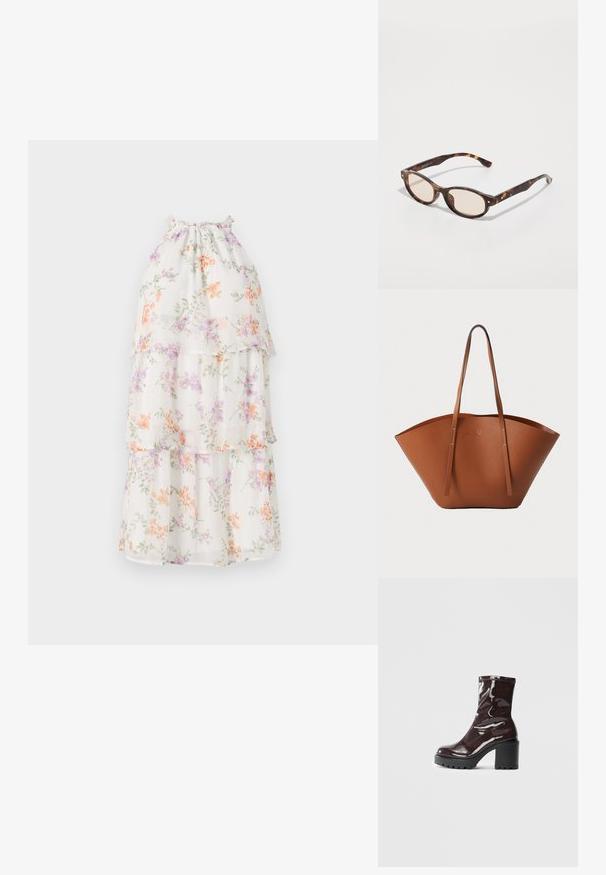 Fehér, virágmintás ruha réteges fodrokkal. Pasztell narancssárga, lila és zöld virágokkal díszített áttetsző anyagon. Ráncolt dekoltázs részlet.; Fényes bordó bokacsizma vastag fekete sarokkal, sima felülettel és egyszerű dizájnnal. Nincsenek látható zárak vagy minták.; Tortáboros napszemüveg lekerekített formával és világos lencsékkel. Masszív karokkal rendelkezik, apró arany részletekkel, műanyagból készült.; Barna bőr táska széles, struktúrált formával, vékony fogantyúkkal és texturált felülettel. Minimalista dizájnnal rendelkezik, látható fémrészek nélkül.