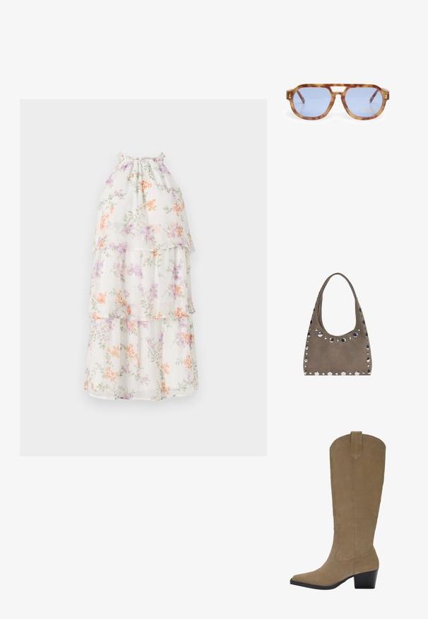 Bela obleka s cvetličnim vzorcem in plastmi nabranih volanov. Ima pastelno oranžne, vijolične in zelene rože na prosojnem materialu. Zbrana detajl na ovratniku.; Biege suknje do kolen iz nubuk kože z ostrim nosom, nabranim peto in šivanim detajlom ob straneh. Gladka tekstura in strukturiran dizajn.; Sonce zaščitna očala v torto v barvi s sivimi lečami, angularna zasnova, debel okvir in izrez za nos; zlat poudarek na tempeljih.; PULL&BEAR SHOPPER - Torba za nakupovanje - grey