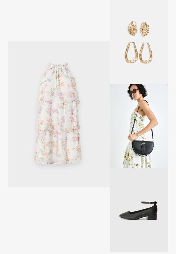 Valge, lilledega kaunistatud kleit kihtide ja rippuvate volangidega. Omab helesiniseid apelsini, lilla ja rohelisi lilli läbi paistval kangal. Nööpidega kogutud kaelaosa.; Must mustaapp, millel on terav nina ja madal blokk-kand. Omab pahkluu rihma koos kuldse tooni pandlaga. Sile tekstuur.; Mustmust mustraha kõverate joontega, eemaldatava rihmaga ja kuldsete detailidega. Kotil on klapp, millel on pandladetail.; Kuldse värvi kõrvarõngad, mis on kaunistatud tekstuursete ja laineliste kujunditega. Komplektis on skulpturaalsed klamber kõrvarõngad ja avatud rõngasdisain, millel on lõhestatud viimistlus.