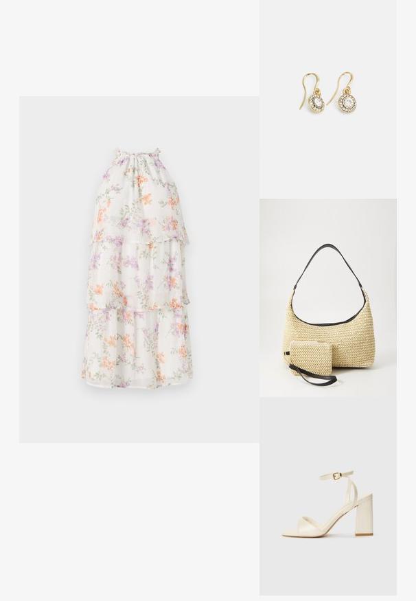 Balta, gėlėmis raštuota suknelė su sluoksniuotais sijonais. Pasižymi pastelinių oranžinių, purpurinių ir žalių gėlių raštais ant permatomo audinio. Su susirinkusia iškirpte.; Kreminės spalvos aukštakulniai sandalai su atvira nosimi, storu blokuotu kulnu, plona kulkšnies juosta ir subtiliu blizgesiu. Žakardo akcentas ant juostos.; Austo pynimo šiaudinio rankinio krepšio su kreiviu siluetu, su glotnia juoda odine rankena ir atitinkamu mažu maišeliu, pritvirtintu prie riešo juostos.; Aukso spalvos auskarai su ovalo formos skaidriais kristalais, apjuostais mažesniais skaidriais akmenukais, su kabliuko dizainu, užtikrinančiu saugų dėvėjimą.