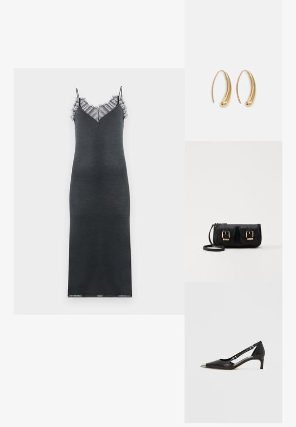 Tmavě šedé šaty bez rukávů s přiléhavým střihem, zdobené volánkovým krajkovým lemem kolem výstřihu do V a hladkým povrchem.; Černá kožená botička s nízkým podpatkem, špičatou stříbrnou špičkou a dvěma pásky s přezkami na bílém pozadí.; Černá kožená crossbody taška se dvěma předními kapsami, zlatými přezkami, zipovým uzávěrem a štíhlým popruhem. Texturovaný povrch a kompaktní obdélníkový tvar.; Náušnice ve tvaru kruhu z pozlaceného kovu s vroubkovaným, prodlouženým tvarem. Mají hladký, lesklý povrch a zaoblený konec pro zvýraznění detailu.