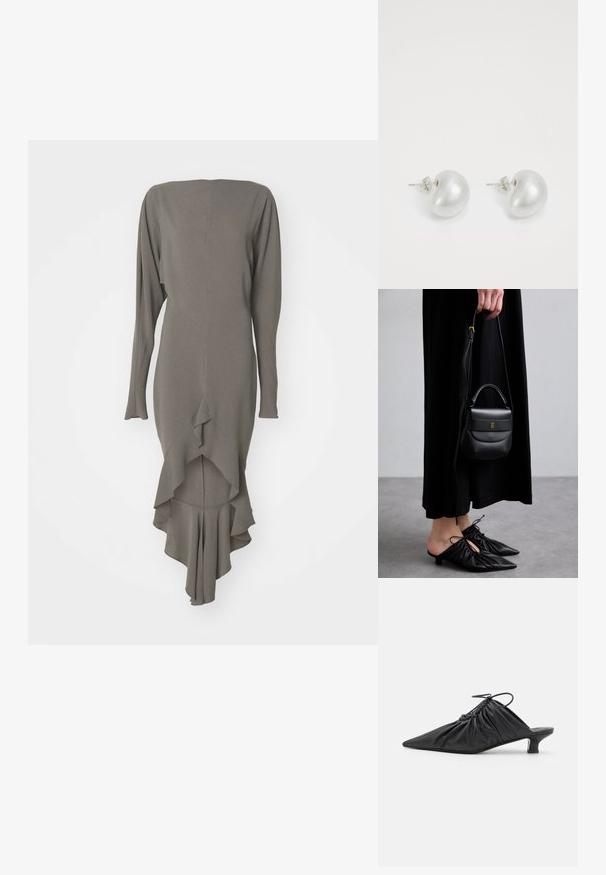 Pitkä, tiukka mekko oliivinvihreästä kankaasta, jossa on venepääntie, pitkät hihat ja kerroksellinen röyhelöhelma, joka ulottuu kärkeen.; Mustat nahkaiset liukukengät teräväkärkisillä, kerätyillä yksityiskohdilla ja pienellä kissan korolla. Avauksessa on narukiinnitys.; Pieni musta nahkabag, jonka muoto on pyöreä, yläkahva ja irrotettava olkahihna. Yhdistetty mustan kankaan mekkoon ja mustiin plissee-kenkään.; Hopeakiharat korvakorut, joissa on kaareva, pavun muotoinen muoto. Pehmeä, kiiltävä pinta, ja kiinnitysvarusteena on nuppi ja tausta.