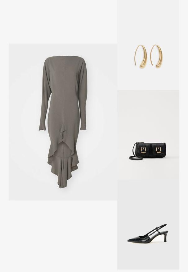 Garšs, pieguļošs kleita olīvu zaļā audumā, ar laivu formu dekoltē, garām piedurknēm un slāņotu volānu apakšmalu, kas izpletas līdz punktam.; Melna patent āda ar slīdošo papēdi un smailo purngalu, ar teksturētu čūsku drukājumu, regulējamu siksniņu un īsu teksturētu blokpapēdi.; Melnas ādas crossbody soma ar divām priekšējām kabatām, zelta sprādzēm, ar rāvējslēdzēju aizdari un šauru siksnu. Strukturēta virsma un kompakta taisnstūra forma.; Zelta toņu metāla gredzena auskari ar izliektu, pagarinātu formu. Ar gludu, spīdīgu virsma un noapaļotu galu papildu detaļām.