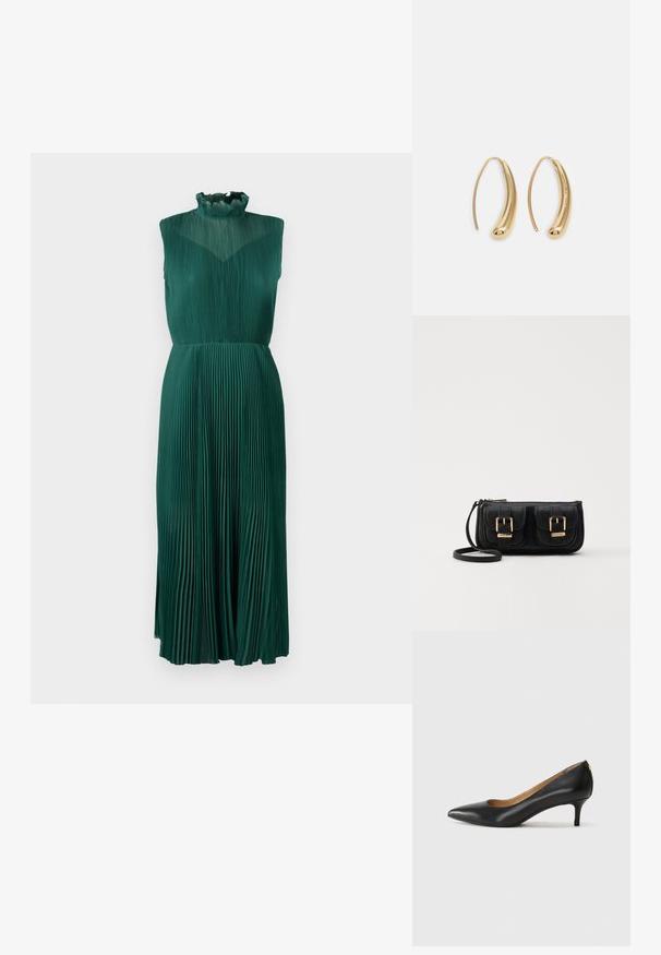 Grønn plissert kjole med høy volang hals, ermeløs design, flytende stoff og midje-lang silhuett. Glatt, teksturert finish.; Sorte lærpumpe med spiss tå, lav hæl og en glatt tekstur. Har en liten åpning foran og minimalt med beslag bak.; Svart skinn crossbody veske med to frontlommer, gyldne spenner, glidelåslukking og en slank stropp. Teksturert overflate og kompakt rektangulær form.; Gullfargede metalløredobber med en buet, forlenget form. Har en jevn, blank overflate og en avrundet tupp for ekstra detaljer.