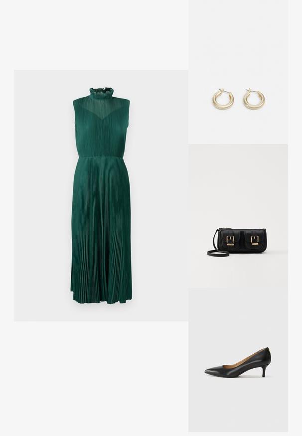 Zelené plisované šaty s vysokým volánovým výstrihom, bezrukávový strih, splývavý materiál a midi dĺžka siluety. Hladký, textúrovaný povrch.; Čierny kožený podpatek s špicatou špičkou, nízkym opätkom a hladkým povrchom. Obsahuje mierne otvorenie vpredu a minimálne kovové detaily na zadnej strane.; Čierna kožená crossbody taška s dvoma prednými vreckami, zlatými sponami, zipsovým uzatváraním a úzkym popruhom. Štruktúrovaný povrch a kompaktný obdĺžnikový tvar.; Lauren Ralph Lauren BASIC SMALL HOOP - Náušnice - gold-coloured