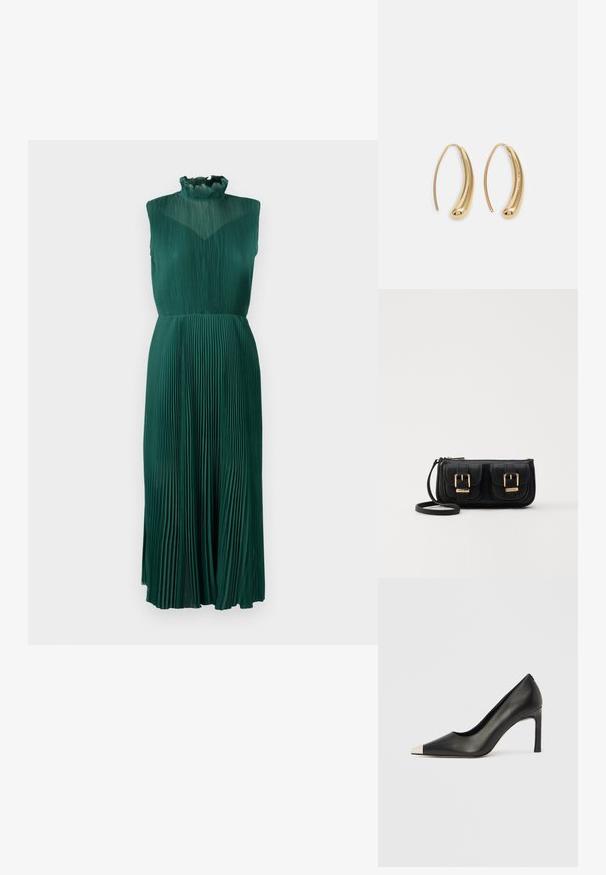 Žalia pieštinė suknelė su aukštu raukšlėtu apykaklės kraštu, be rankovių dizainu, plazdančiu audiniu ir vidutinio ilgio siluetu. Lygi, tekstūruota apdaila.; Juodas odinis aukštakulnis batelis su smailia nosimi ir metaliniu sidabriniu galiuku. Turi lygų paviršių ir ploną 10 cm kulną.; Juodas odinis per petį nešiojamas krepšys su dviem priekiniais kišenėmis, auksiniais sagtimis, užtrauktuko uždarymu ir siauromis petnešomis. Textūruota paviršius ir kompaktiškas stačiakampis formatas.; Auksinės metalinės auskarų kabės su lenktą, pailgą forma. Turi lygų, blizgantį paviršių ir užapvalintą galiuką papildomam akcentui.