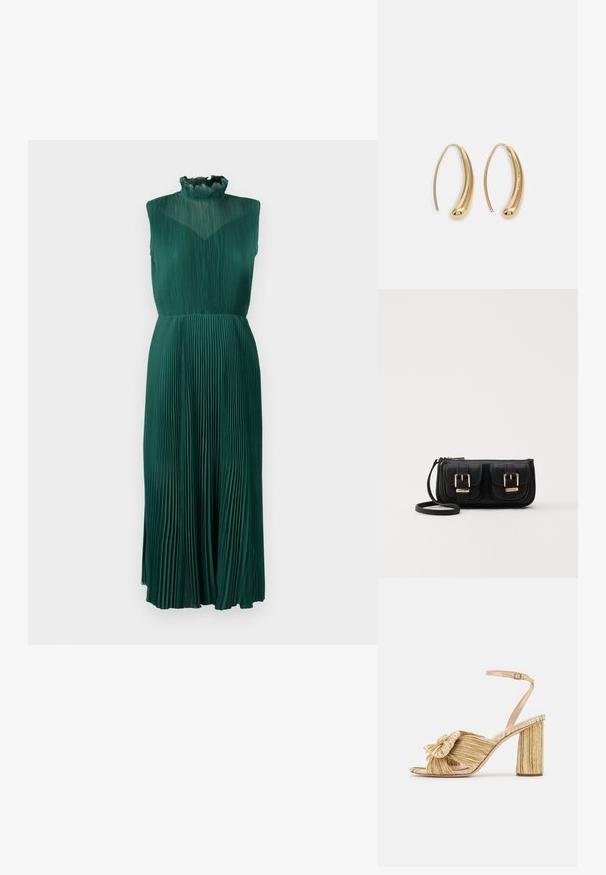 Zelené plisované šaty s vysokým volánovým výstrihom, bezrukávový strih, splývavý materiál a midi dĺžka siluety. Hladký, textúrovaný povrch.; Zlaté sandále na podpätku s uzlom vpredu, s plisovanou štruktúrou a remienkom okolo členka. Blokový podpätok má ryhovaný dizajn, čo zlepšuje priľnavosť.; Čierna kožená crossbody taška s dvoma prednými vreckami, zlatými sponami, zipsovým uzatváraním a úzkym popruhom. Štruktúrovaný povrch a kompaktný obdĺžnikový tvar.; Náušnice vo forme zlatých kovových kruhov s zakriveným, predĺženým tvarom. Majú hladký, lesklý povrch a zaoblený koniec pre pridanie detailu.