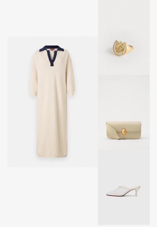 Ilga, kreminės spalvos suknelė su tekstūruotu audiniu, turinti tamsiai mėlyną apykaklę ir V formos iškirptę. Trys ketvirčių rankovės užbaigia šį įvaizdį.; Baltos tinklelio smailiakojės mules su plonu vidutinio aukščio kulnu ir užkulnio dizainu ant vientiso fono.; Bežinė odinė rankinė su lygiu paviršiumi, stačiakampio formos ir auksiniu ovaliu užsegimu. Yra ilga, reguliuojama petneša.; Aukso žiedas su karūnos dizainu viduje arkadijos, papuoštas mažomis skaidriomis brangakmenių, baltame fone.