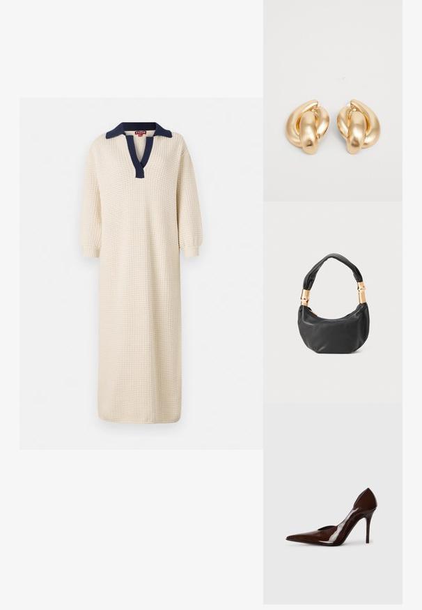 Pitkä, kerma-vaalea mekko, jossa on teksturoitu kangas, varustettuna tummansinisen kauluksen ja V-pääntien yksityiskohdilla. Kolmannelta neljännekseltä pitkä hihat täydentävät ilmettä.; Korkeakorkoiset ruskeat patenttijalkineet, joissa on terävä kärki ja aukot sivuilla, ohut korko ja sileä pintakäsittely.; Musta nahkalaukku pyöreällä muodolla, pehmeällä pinnalla ja solmulla varustetulla kahvalla, jossa on kultasävyiset yksityiskohdat. Vetoketjusuljenta.; Korolliset kultasävytteiset korvakorut, joissa on kierretty muotoilu, sileä ja kiiltävä pinta sekä pyöreät muodot. Jokaisen koko on noin 5 senttimetriä.