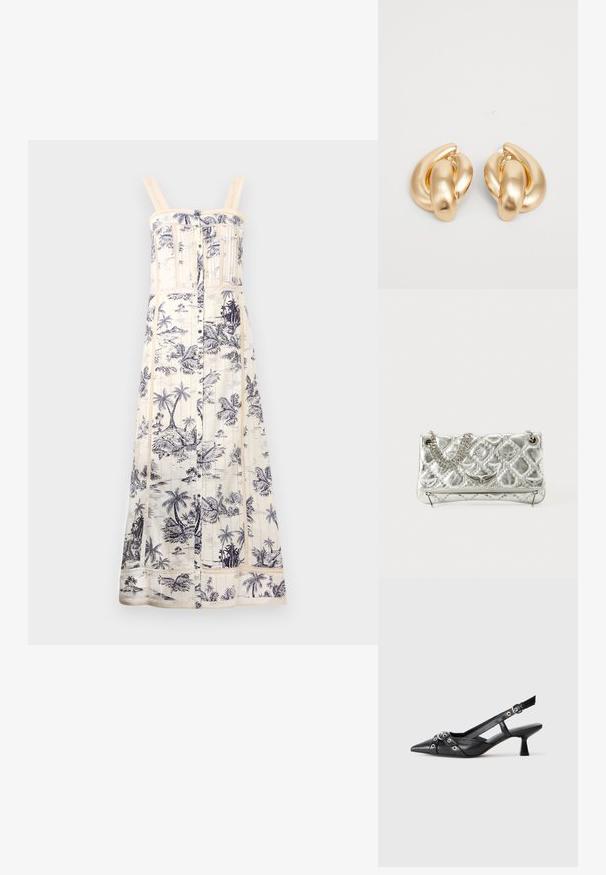 Maxi dress in cream with navy palm tree print. Features adjustable straps, button front, and textured lace trim along the bodice and hem.; Black leather slingback shoe with a pointed toe, decorative straps featuring metal eyelets, and a low block heel. Textured surface.; Silver metallic handbag with chain handle, quilted texture, decorative stitching, and a zip closure. Features embossed accents on the front.; Gold-tone metal earrings featuring a twisted design with a smooth, shiny surface and rounded shapes. Each measures approximately 2 inches.