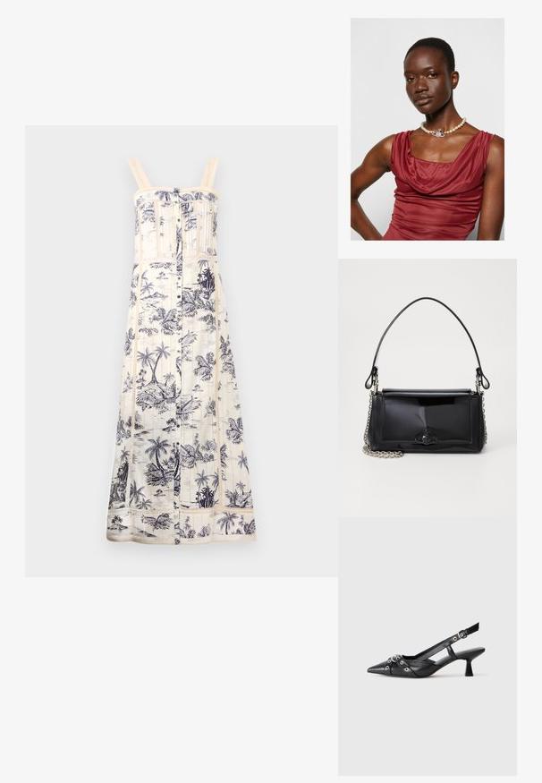 Vestido maxi em creme com estampa de palmeiras em azul-marinho. Apresenta alças ajustáveis, fecho frontal com botões e acabamento em renda texturizada ao longo do corpete e da bainha.; Sapato slingback em couro preto com biqueira fina, tiras decorativas com ilhós de metal e um pequeno salto quadrado. Superfície texturizada.; Bolsa de mão em verniz preto com formato retangular, alça de corrente e um detalhe de hardware distinto no centro. Textura suave.; Vestido de gola drapeada, de um vermelho profundo, com uma textura suave. Apresenta um colar de pérolas com um detalhe prateado decorativo ao centro.