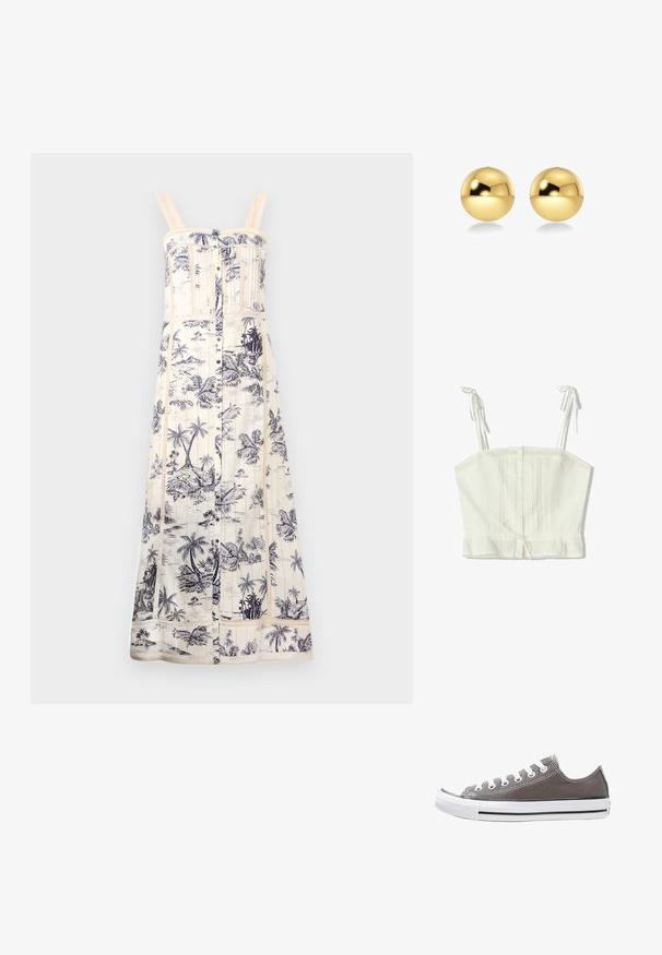 Maxi šaty v krémovej farbe s námorníckym vzorom palm. Obsahujú nastaviteľné ramienka, predné zapínanie na gombíky a textúrovanú čipkovú lemovku pozdĺž živôtika a lemu.; Biely bavlnený crop top s nastaviteľnými viazačkami, predným zapínaním na gombíky, plisovaným dizajnom a čipkovaným lemom pozdĺž spodného okraja. Hladká textura, ľahký materiál.; Sivé plátené tenisky s bielou gumovou podrážkou, čiernym pruhom a kovovými očkami. Majú okrúhlu špičku, nízky dizajn a textúrovanú látku.; Zlaté guľové náušnice s lesklým, odrazovým povrchom. Dizajn je jednoduchý a hladký, čím vytvára moderný, minimalistický vzhľad.